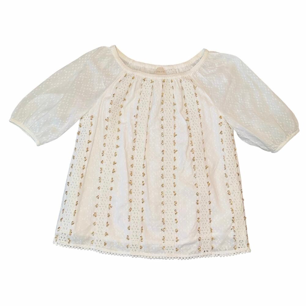 White Eyelet Lace Sequin Off-The-Shoulder Cottagecore Boho Blouse Top
